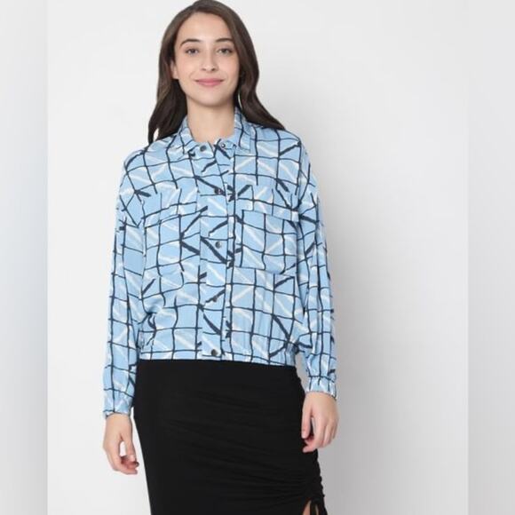 NWT XS  Vero Moda Long Sleeve Printed Womens Blouse, Button Down, Roll Sleeves - Picture 5 of 12